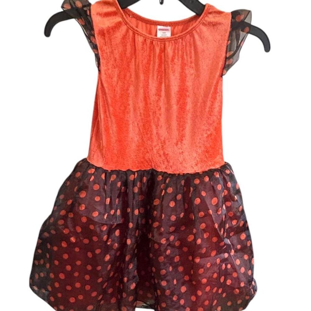 YOUTH Girls Gymboree Orange Velvet and Black Polka Dot Dress